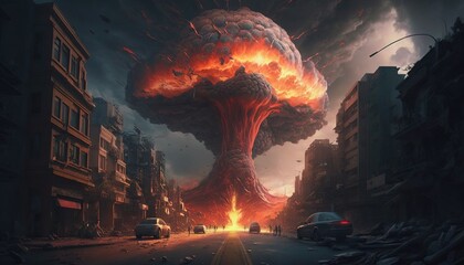A big explosion of war cataclysm cinematic illustration a mushroom of fire human disaster and destruction of a city a dramatic picture generative ai