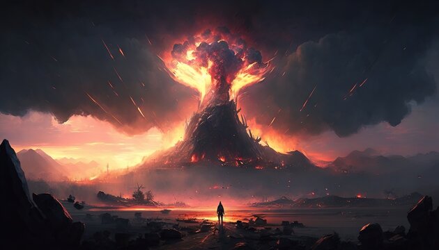 A big explosion of war cataclysm cinematic illustration a mushroom of fire human disaster and destruction of a city a dramatic picture generative ai