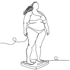 An overweight woman stands on the scales in one line on a white background. Conceptual image of fighting fat and body positivity. Beauty and acceptance of the female body. Stock vector illustration.