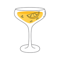 Sidecar cocktail with a slice of lemon and bubbles. Vector flat illustration on a white background