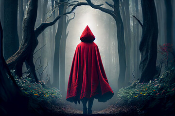 A girl wearing a red cloak and walking in the gloomy forest path.Back view.Little red riding hood tale story concept.Created with generative ai - obrazy, fototapety, plakaty