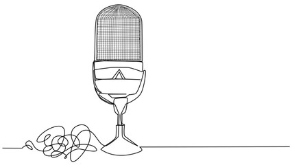 Round studio microphone in one line on a white background. The concept of audio podcast, stream, studio recording, broadcast radio. Stock vector illustration with editable stroke.