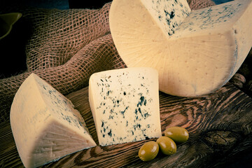 Cheese collection, piece of blue cheese made from cow milk close up