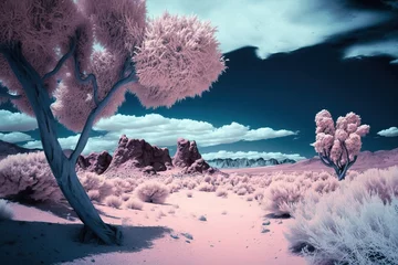 Foto auf Alu-Dibond Desert alien landscape in infrared. Huge mountains against strange cloudy sky. Fantasy landscape. Alien planet. Generative AI illustration. © Valeriy
