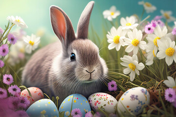 Easter Bunny - Decorated Eggs And Cute Rabbit In Sunny Spring Meadow With Defocused Abstract Lights, generative ai