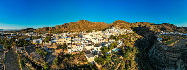 Aerial sunrise view above the beautiful village of Níjar in Andalusia southern Spain