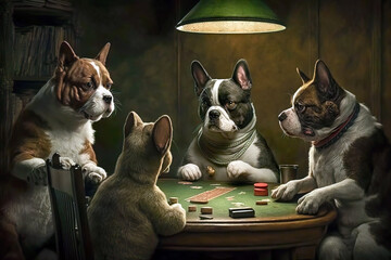 Dogs play poker at the poker table in a pleasant environment. AI generated illustration. - obrazy, fototapety, plakaty