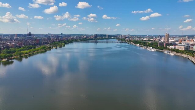 Cambridge modern city skyline including Harvard Bridge, Kendall Square and Charles River Dam, with Longfellow Bridge cross over Charles River in Boston, Massachusetts MA, USA. 