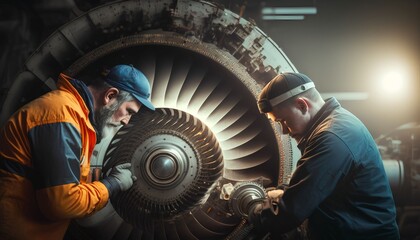 Obraz na płótnie Canvas aircraft engineers repairing and maintaining jet airplane, Generative AI