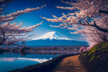 Cherry blossoms or Sakura and Mountain Fuji landscape in the morning. Generative AI - obrazy, fototapety, plakaty