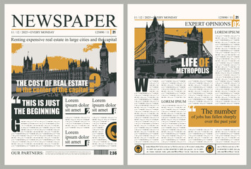 Vector London city newspaper layout with headlines, foto with westminster palace, Tower Bridge. News column articles and daily advertising construction. Newsprint design or magazine page template - obrazy, fototapety, plakaty