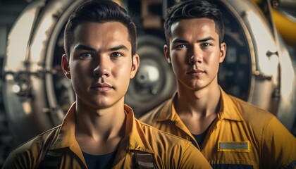 portrait young Team of aircraft engineers repairing and maintaining jet airplane, Generative AI