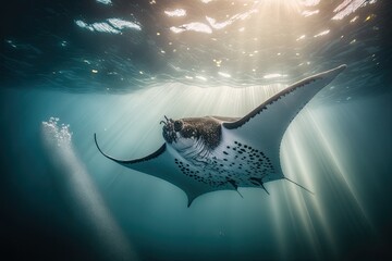 Large manta underwater, ocean, water surface with sparkling reflections, AI generative - obrazy, fototapety, plakaty
