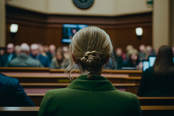 Court session of the Court of Law and Justice, woman in the frame people listen to arguments and evidence, excuses. The concept of the judicial system. Generative AI - obrazy, fototapety, plakaty