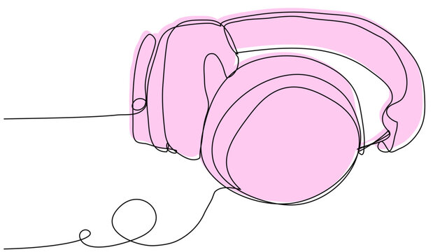 Pink headphones in one line on a white background. Conceptual image with musical equipment. Love for music. Stock vector illustration with editable stroke.