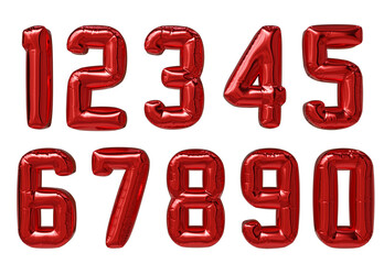 Set of red glossy 3D numbers from 1 to 10 in metallic balloon style. Rendered in old school font. Combination for social media post about sports and competitions.