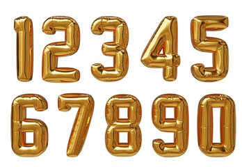 Set of golden glossy 3D numbers from 1 to 10 in metallic balloon style. Rendered in old school font. Combination for social media post about sports and competitions.