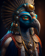 Fantasy Egyptian Horus Eagle God in full costumes and Accessories with Colorful Feathers  - obrazy, fototapety, plakaty