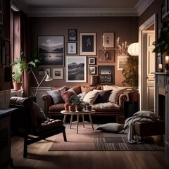 A living room filled with furniture and pictures on the wall, an empty backroom at night,  brown and cream color scheme