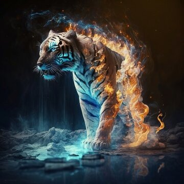 Fantasy scene of a angry Tiger dressed with fire and ice on a forest - Wonderful illustration