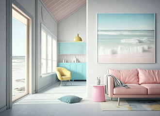 modern bright  living room interior in pastel colours, house on beach, Generative AI