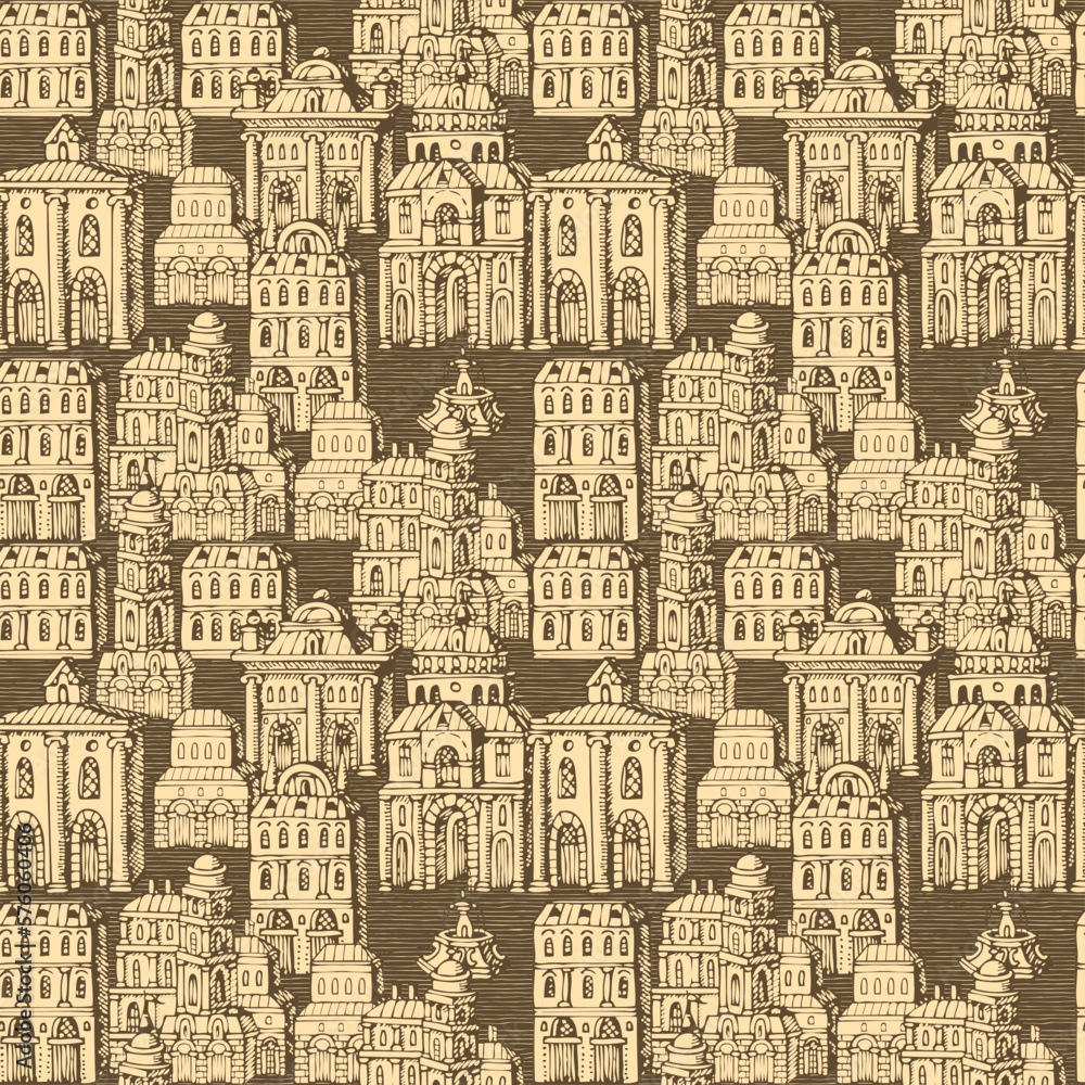 Poster vector seamless pattern with old hand drawn houses in retro style. cityscape background with old sty