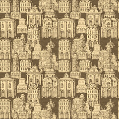 Fototapeta premium Vector seamless pattern with old hand drawn houses in retro style. Cityscape background with old style building facades and fountains, can be used as wallpaper, wrapping paper, textile, fabric
