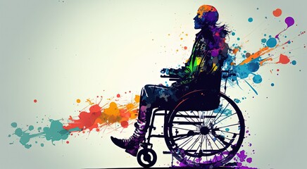 Obraz premium an illustration of a disable person on wheel chair with color splash, Generative Ai