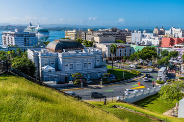 A view south west from the battlements of the Castle of San Cristobal, San Juan, Puerto Rico on a bright sunny day - obrazy, fototapety, plakaty