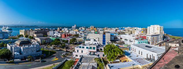 A panorama view west from the battlements of the Castle of San Cristobal, San Juan, Puerto Rico on...