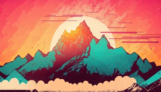 vintage pop art style illustration grunge abstract texture picture of mountain and light, Generative Ai