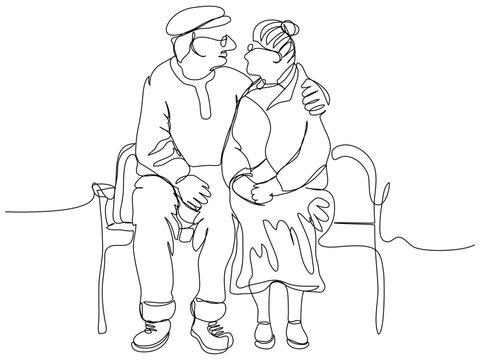 An elderly couple is sitting on a bench and hugging in one line on a white background. The concept of happy love through the years in a minimalist style. Stock vector illustration with editable stroke