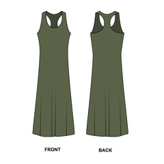 Technical drawing of long summer dress in casual style front and back view, vector. Sketch of a khaki knitted dress. Fashionable, trendy gown template, vector.