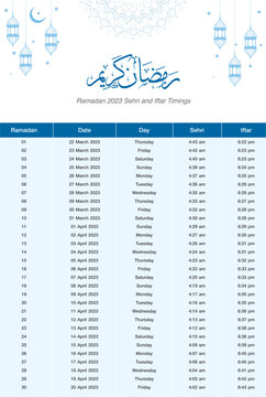 Ramadan Calendar 2023 Sehri and Iftar Time for Pakistan