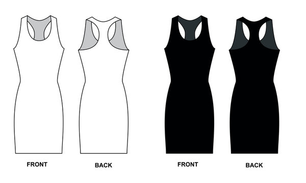 Outline vector drawing of short sleeveless dress, black, white colors. Basic bodycon dress template, front and back view. Off-the-shoulder tee dress pattern, vector.