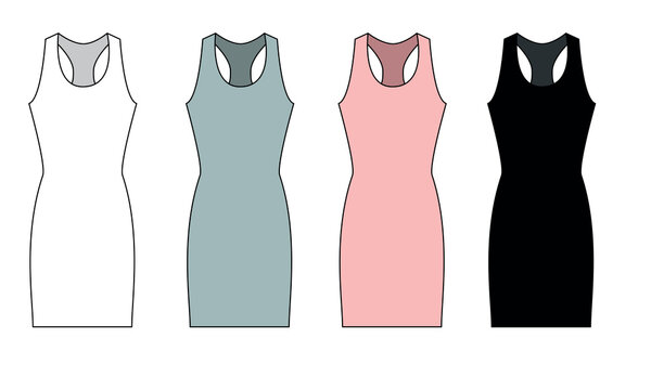 Vector set of knitted dress drawings. Outline template of women's summer dress in green, pink, white and black. Sketch of a short summer dress-shirt, vector.