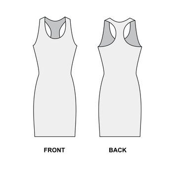 Outline vector drawing of a short sleeveless dress. Basic bodycon dress template, front and back view. Off-the-shoulder tee dress pattern, vector.