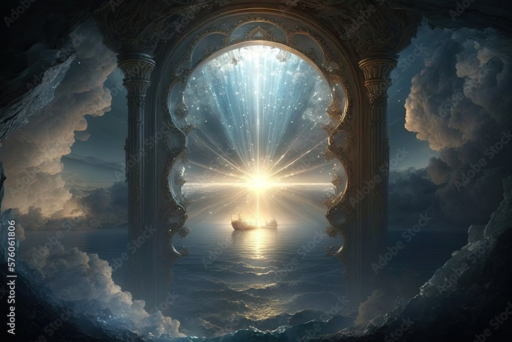 Poster illuminating heaven's cradle with a celestial light at sea's edge generative ai