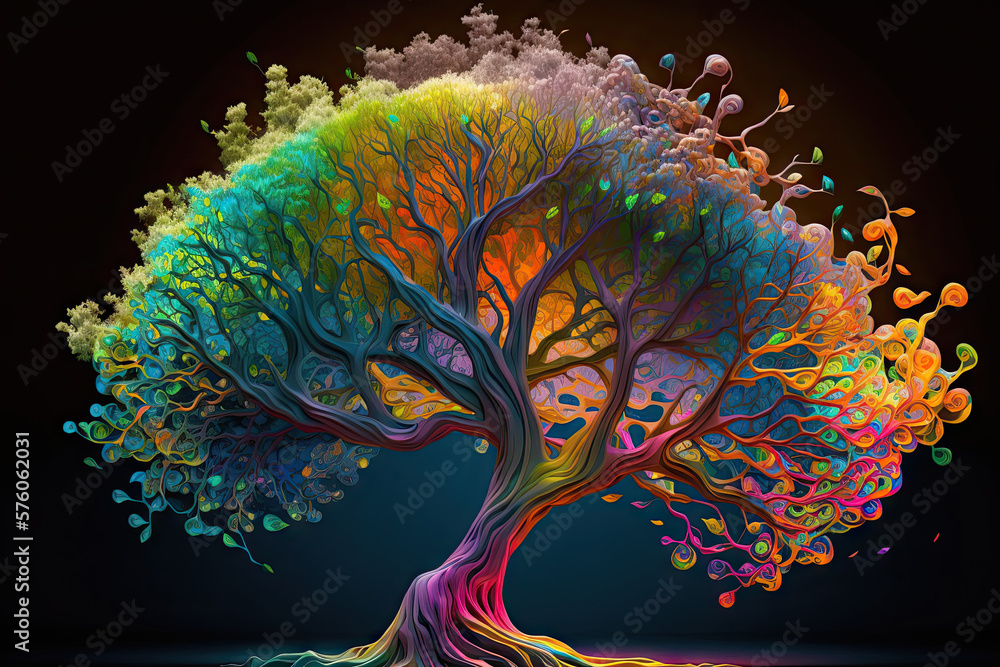 Poster lush pulsations found in the vibrant hues of the psychedelic tree generative ai