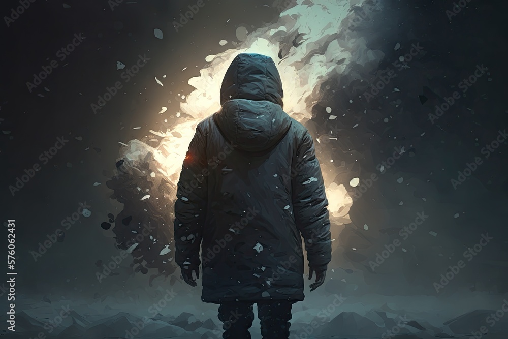 Poster striding into the unknown world: the shadowed figure in a puffy jacket generative ai