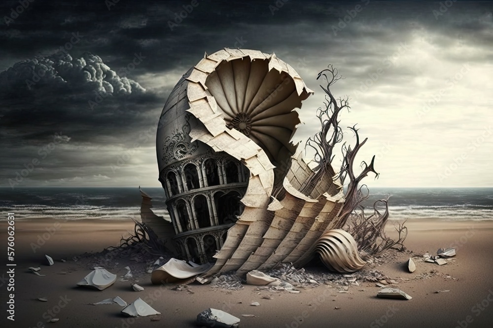 Poster the destruction and desolation: a forlorn shell of shattered remains generative ai