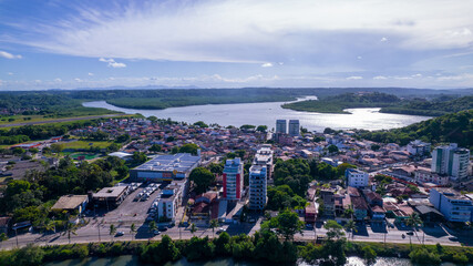 Aerial view of Ilheus, tourist town in Bahia. Historic city center with sea and river.