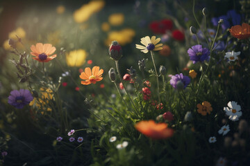 Obraz na płótnie Canvas Colorful poppy wildflowers in spring. Generative AI.