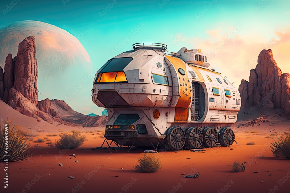 Poster utopian wheels - exploring a vivid dystopian landscape with this bold camper generative ai