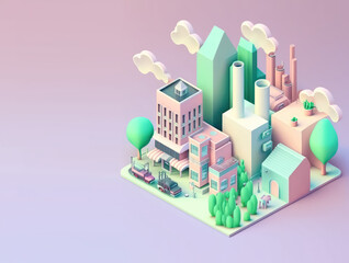 Fototapeta na wymiar Isometric city with trees and clouds in cartoon style. 3d town isolated on pastel background, copy space. 3d render illustration. Generative AI art.