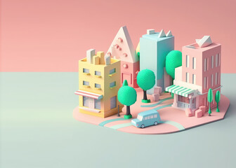 Isometric city with trees and cars in cartoon style. 3d town isolated on pastel background, copy space. 3d render illustration. Generative AI art.