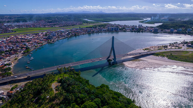 Aerial view of Ilheus, tourist town in Bahia. Historic city center with famous bridge in the background.