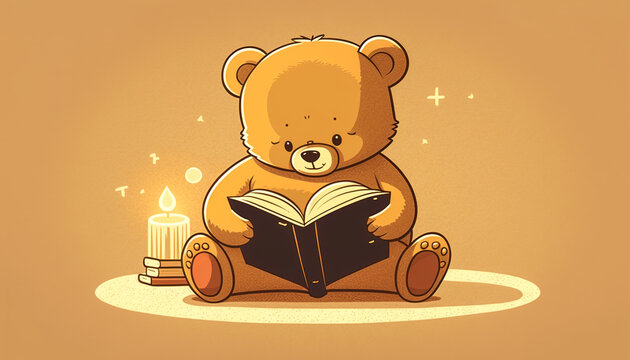 Cute Teddy Bear Reading A Book, Generative AI.