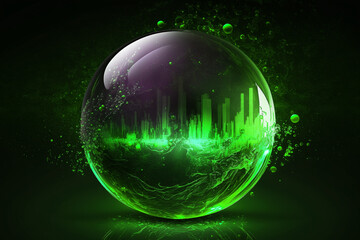Green positive stock market chart in a crystal ball, bull market prediction, illustration, mysterious dark background, light reflections and effects, created with generative AI technology