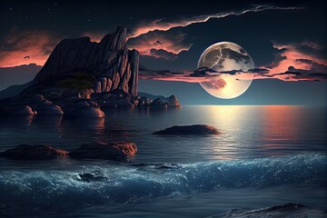 Romantic Night Sky Glows Over Serene Ocean: A Sunset at Sea, Generative AI